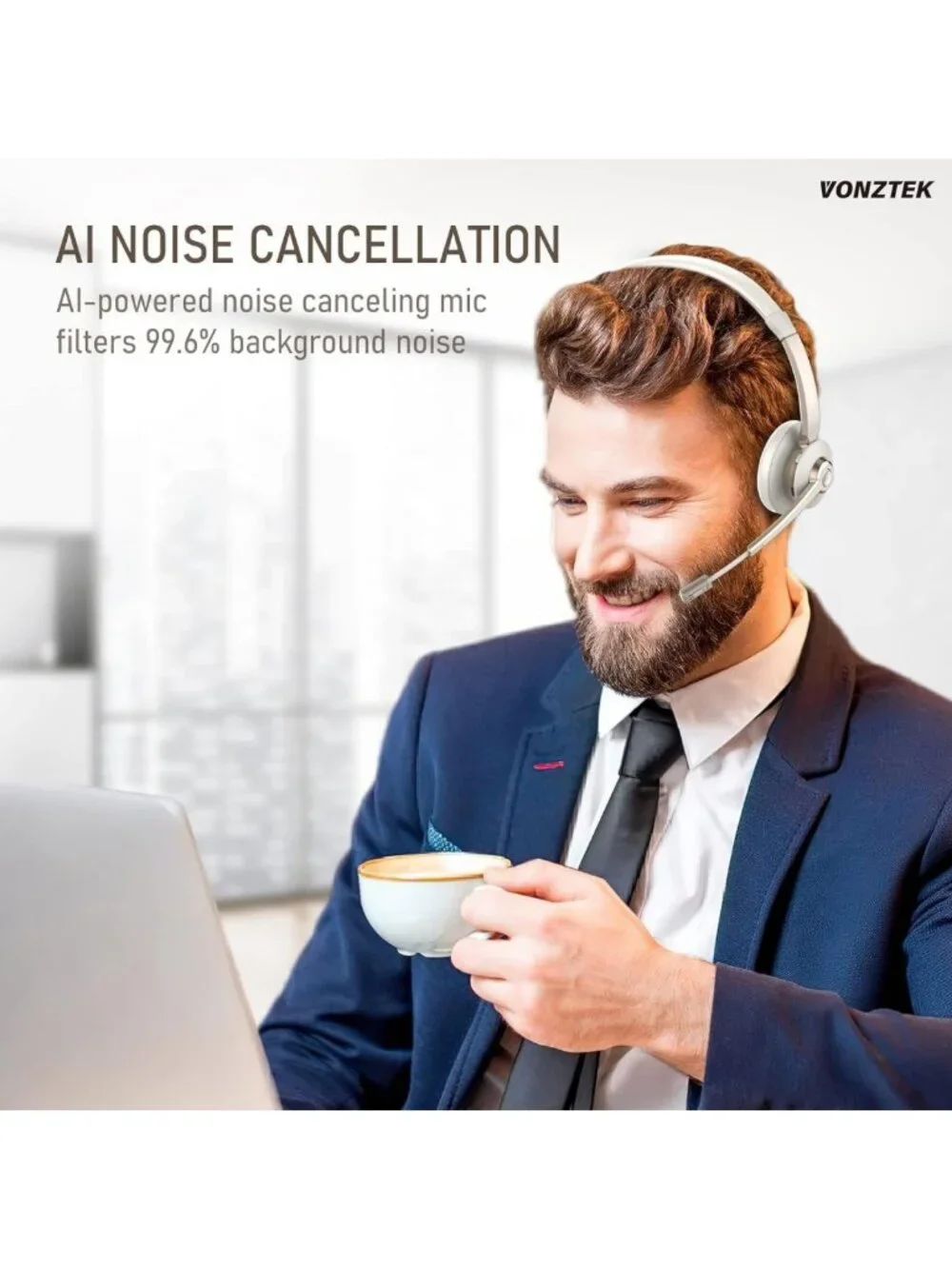 Noise-Canceling Bluetooth Headset for Remote Work, Meetings & Calls - Wireless